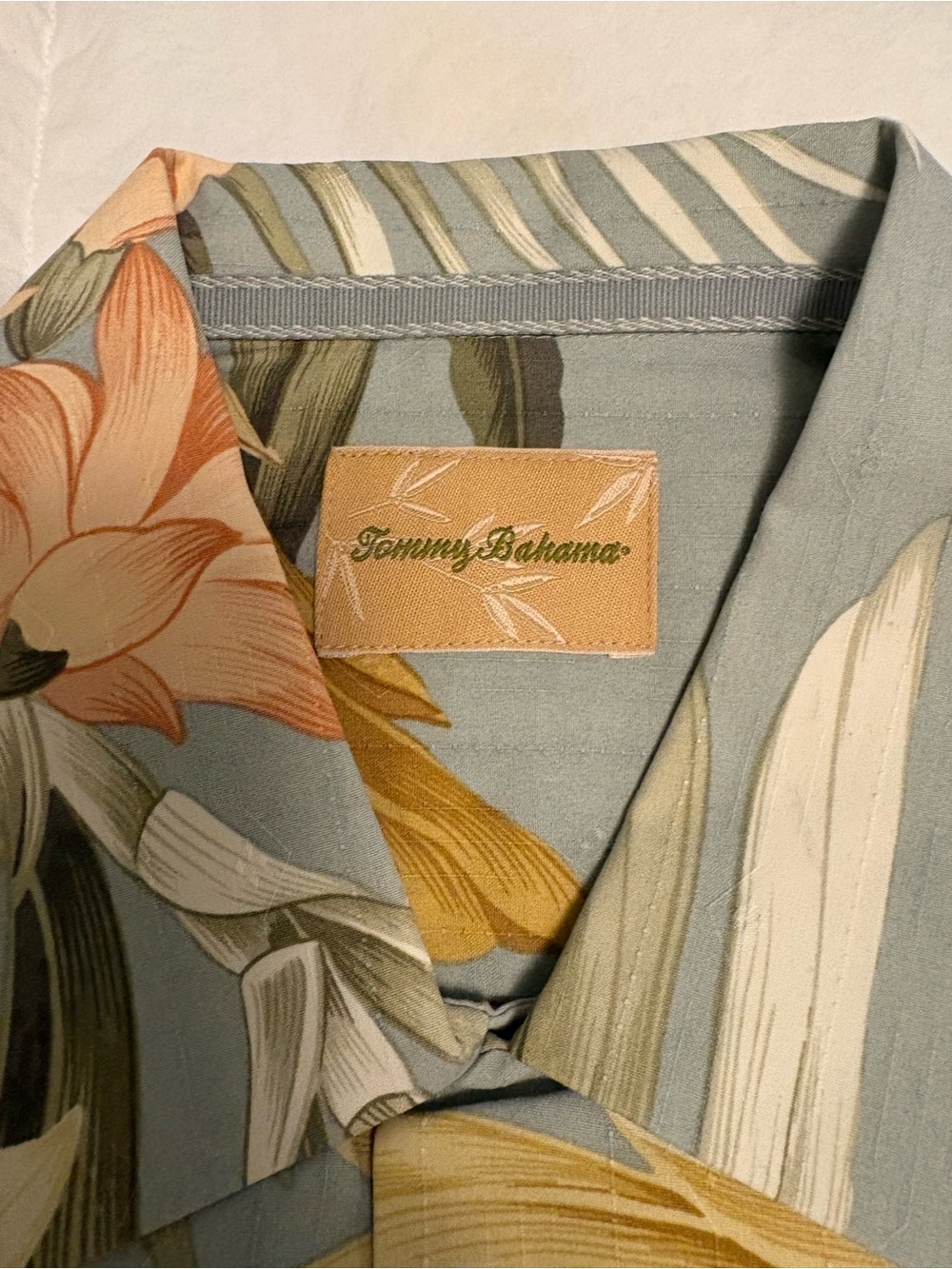 Tommy Bahama Blue Floral Tropical Camp Shirt with Peach Accents
